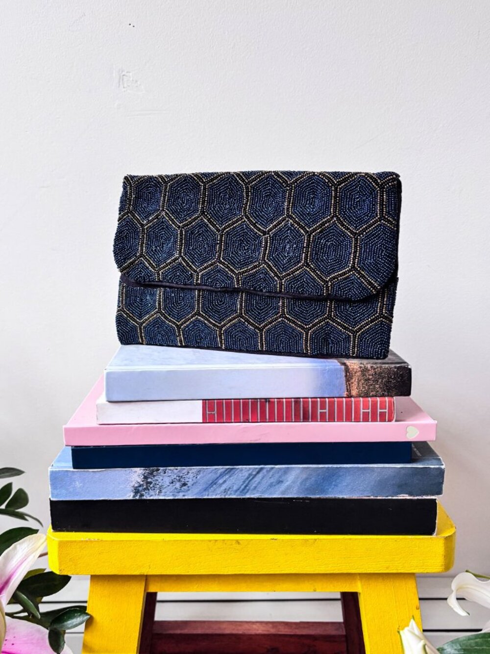 Navy Blue Gold Beaded Clutch Bag Honeycomb Geometric Fold Over Evening Bag Chain